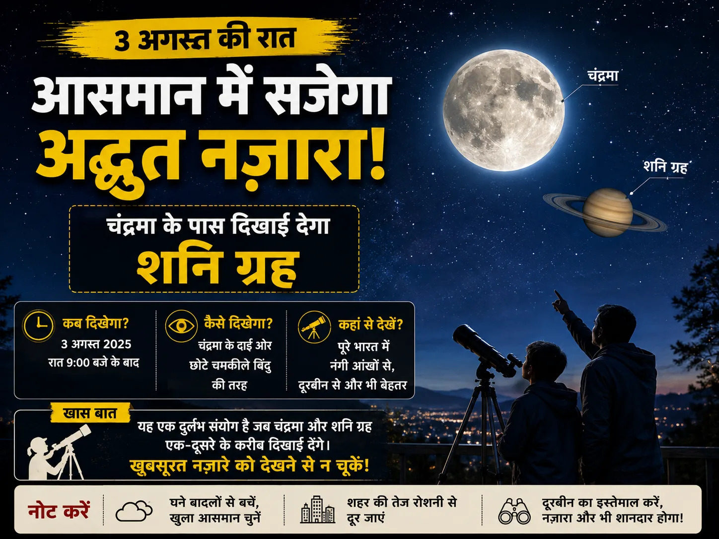 3 अगस्त की रात आसमान में सजेगा अद्भुत नज़ारा: चंद्रमा के पास दिखाई देगा शनि ग्रह