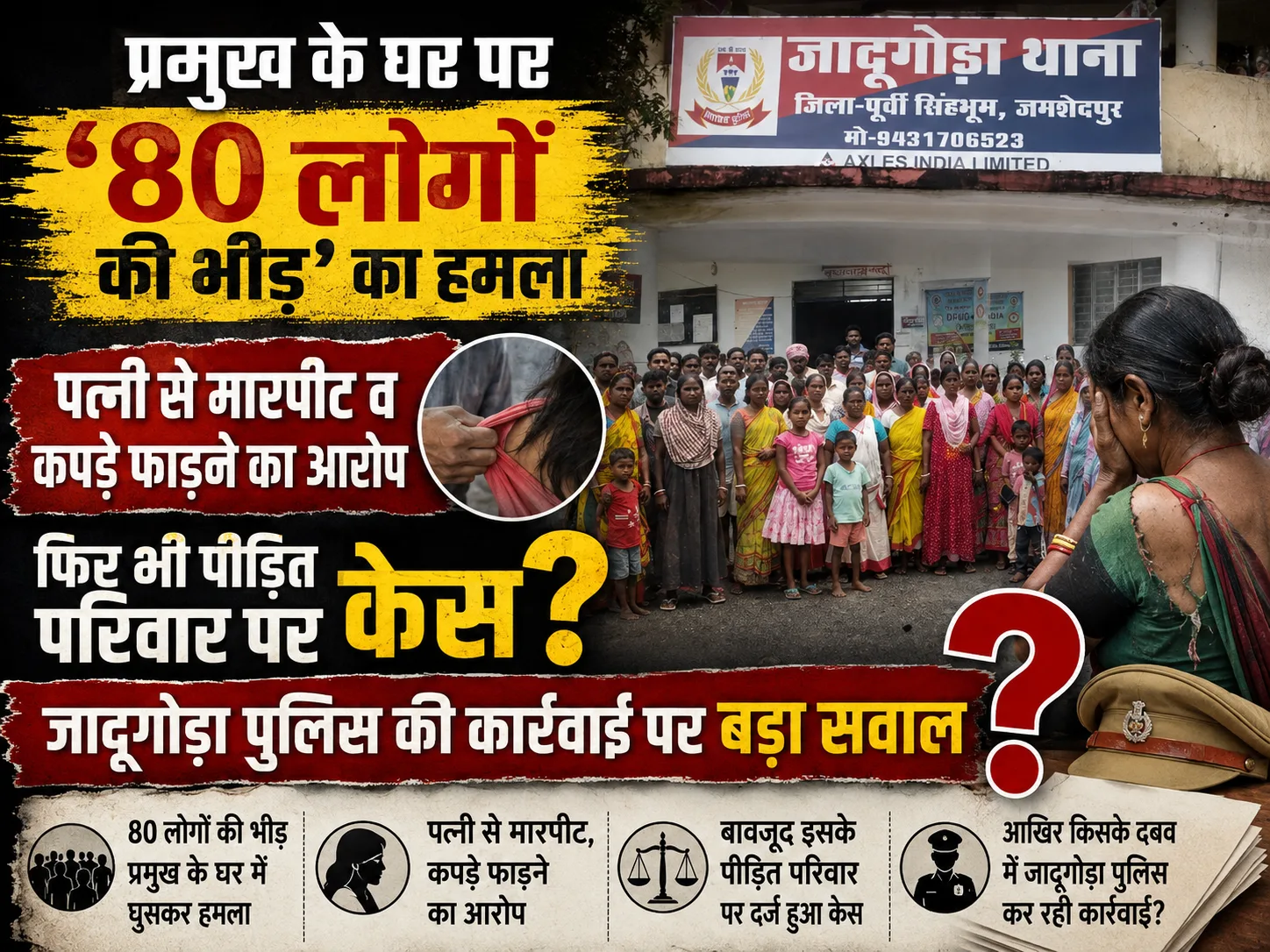 प्रमुख के घर पर '80 लोगों की भीड़' का हमला, पत्नी से मारपीट व कपड़े फाड़ने का आरोप—फिर भी पीड़ित परिवार पर केस? जादूगोड़ा पुलिस की कार्रवाई पर बड़ा सवाल